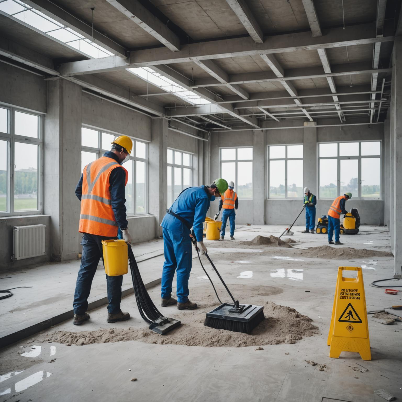 Post construction site being cleaned by workers