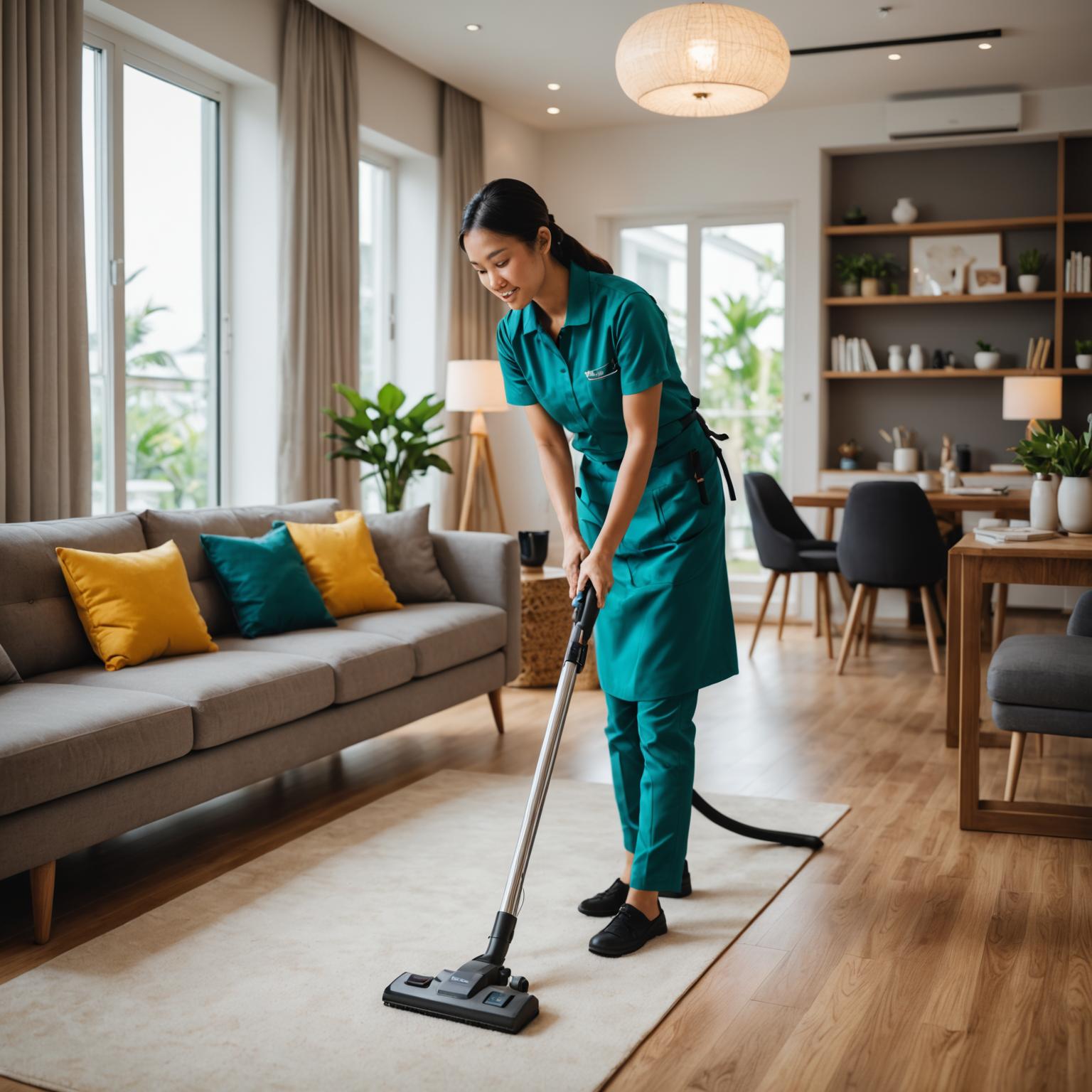 Professional cleaner vacuuming a living room